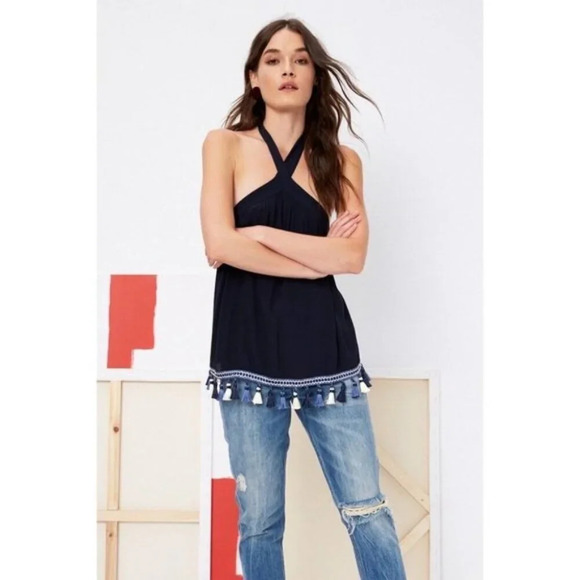 Revolve Tularosa Cory Halter Top Navy Blue Tassels Open Back Embroidered Size XS - Picture 12 of 16